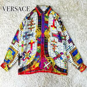VERSACE Vintage total pattern jewelry gem 10 character . silk long sleeve shirt Versace bell search large size Vintage vintage