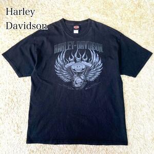 Harley-Davidson 00s エンジン プリント tシャツ 半袖 黒 ブラック ハーレーダビットソン 2XL 大きいサイズ 