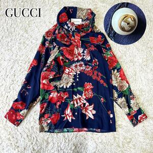 GUCCI 18SS スプリングブーケ ボウタイ シャツ ブラウス ボタニカル グッチ 花柄 フラワー 総柄 クリスタルパール ロゴボタン