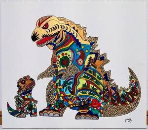 [F10 номер ]jimi- большой запад [ Godzilla ] рука .. большой произведение / автограф гарантия / автограф * обратная сторона документ . есть / акрил / живопись масляными красками / живопись маслом / картина / рама / факсимиле / поиск (. промежуток . сырой Okamoto Taro )