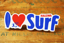 ハレイワハッピーマーケット ステッカー おしゃれ サーフィン ハワイ アウトドア 車 バイク HALEIWA HAPPY MARKET サイズL I LOVE SURF_画像2