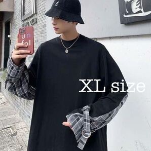 ロングTシャツ チェック トップス ロンT ユニセックス 黒 ブラック XL
