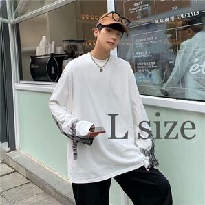 ロングTシャツ チェック トップス ロンT ビッグシルエット ホワイト 白 L