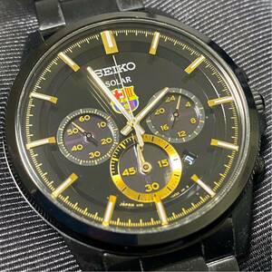 稼働◎美品　SEIKO セイコー ソーラー　FCB クロノグラフ　ラウンド　メンズ腕時計　ブラック　黒系　1円スタート　コマ付き