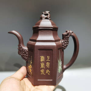 【古寶奇蔵・紫砂壺・六方梅蘭竹菊壺・紫泥・陳鳴遠款】茶具・茶道品・希少珍品・賞物・中国古美術