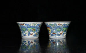 【古寶奇蔵】明・成化年製款・古陶瓷品・紅胎・彩獅紋・茶杯一對・置物・賞物・中国時代美術