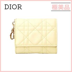 クリスチャンディオール ロータスウォレット三つ折り財布 カナージュ イエロー クリーム色 Christian Dior ゴールド金具 レディース