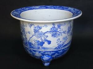  old plant pot ③ Meiji era blue and white ceramics flowers and birds writing sama plant pot old pot bonsai pot tray vessel 
