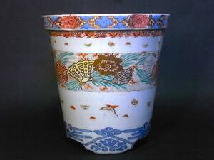  old plant pot ④ Edo ~ Meiji era blue and white ceramics overglaze enamels . butterfly writing sama plant pot old pot bonsai pot tray vessel Imari Seto 