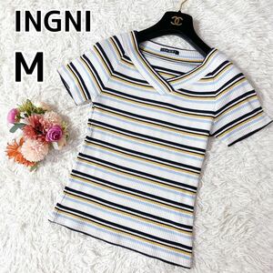 INGNI イング レディース 半袖 ボーダー カットソー ニット M Vネック 夏服 スタイル アップ 伸縮性