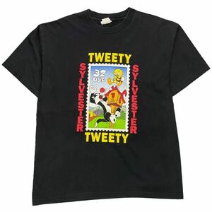 90s USA製 Looney Tunes 半袖 Tシャツ L/XL ブラック Tweety Sylvester 切手 スタンプ ルーニー・テューンズ トゥイーティー シルベスター