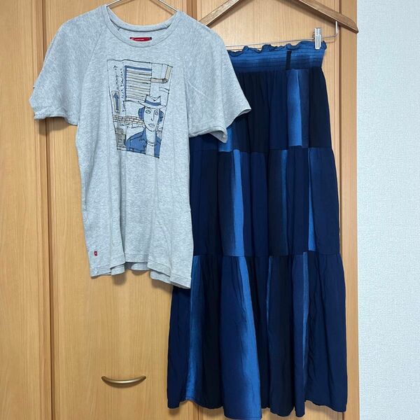 EDWINプリントTシャツ&晴れ色ブルー切り替えロングスカート