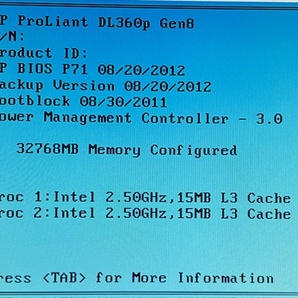 T3891 HP ProLiant DL360p Gen8 Xeon E5-2640 2.50GHz×2 CPU2基 メモリー32GB サーバー 現状品の画像2