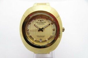 1 jpy ~[ operation goods ]TECHNOS Tecnos tang stain bezel T9475 men's quarts wristwatch Date diamond index Gold 5-2-21