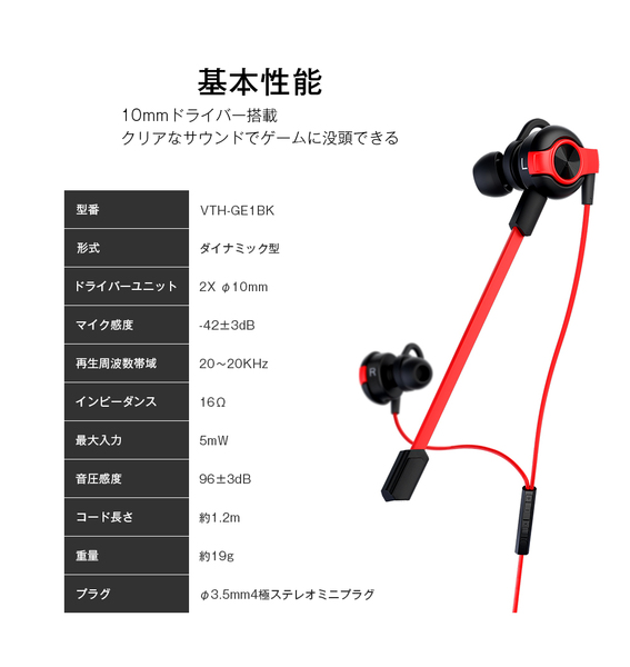 VERTEX ゲーミングイヤホン VTH-GE1BKPS4 マイク ヘッドセット イヤフォン ヘッドホン イヤーピース付属 3.5ｍｍ4極 1.2M PS4 PS5 switch