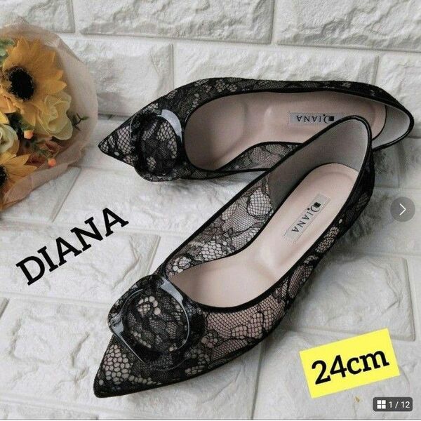 【極美品】DIANA　ダイアナ　花柄　総レース　バックル　フラットパンプス 24cm シースルー　