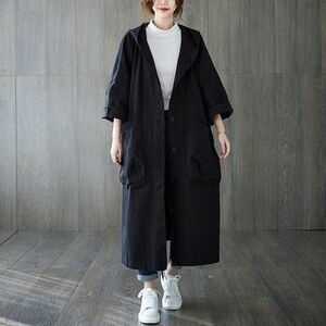 パーカー付き　ビッグシルエット　コート　パーカーコート　ゆったり　韓国　羽織り　 スプリングコート　 体型カバー　 ブラック　 