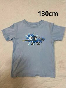 ポケモン　ルカリオTシャツ　130cm(水色)ユニクロ●記名なし●左胸に破れあり　写真7枚目●墨汁のシミ点々とあり　写真８枚目