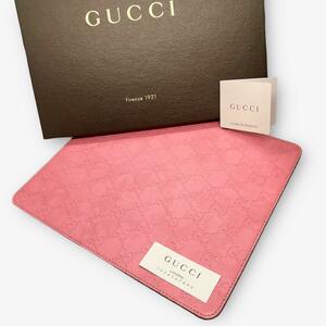 1円～【希少】GUCCI グッチ マウスパッド シマ GG 型押し レザー 革 ピンク 総柄 PC用品 オフィス レザー マウス パッド ステーショナリー