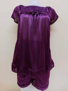  violet lady's short sleeves pyjamas top and bottom set dress length approximately 65cm polyester purple purple frill .. feeling room wear short pants 