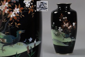  hour price . Owari the 7 treasures flowers and birds map vase Fuji seal height 19cm box attaching Meiji the 7 treasures small . skill old work of art [c577]