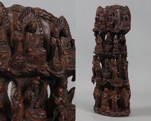 中国美術 木造 彫刻 二十仏 一刀彫 置物 高41,5cm 仏教美術 木彫 細密細工 古美術品[c592]