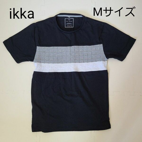 Tシャツ uネック クルーネック 半袖カットソー ブラック グレー系 ikka　メンズ　Mサイズ　美品