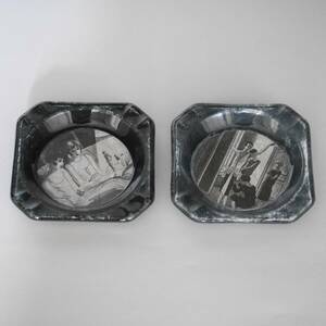 フランス デコパージュガラス灰皿 2組 アールデコ, 2 Sets of Decoupage Glass Ash Tray Art Deco, France