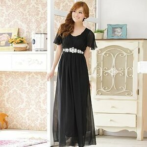 ★ 半袖 ロング丈ドレス ワンピース 黒 XL-3XL大きいサイズ