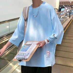 夏服 トップス 7分袖 Tシャツ 大きいサイズ 七分丈tシャツ メンズ おしゃれ 40代 50代 アメカジ ライトブルー 2XL