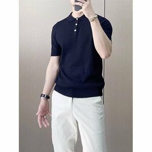 サマーニット トップス カットソー カジュアル 半袖 メンズ サマーセーター ニットTシャツ ブラック 3XLサイズ