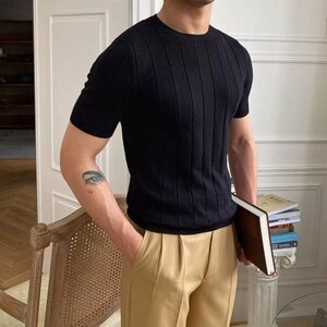 サマーニット トップス カットソー カジュアル 半袖Tシャツ メンズ サマーセーター ニットブラック 3XLサイズ
