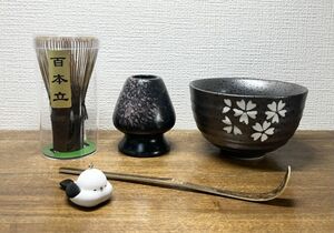 【新品・4点セット】黒竹 茶筅 茶杓 茶筅置き 茶碗 百本立 茶せん 茶道具