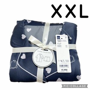 GU サテンボクシーパジャマ 半袖 ハート ブルー XXL 2XL 3L ネイビー ジーユー ショートパンツ サテンパジャマ 新品