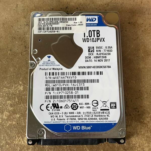 WD10JPVX 519時間 2.5インチ 1000GB(1TB) 5400rpm 9mm厚 送料込み価格で安心。使用時間少ない