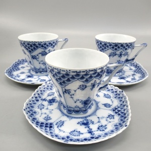 1円〜 Royal Copenhagen ロイヤルコペンハーゲン カップ＆ソーサー ブルーフルーテッド フルレース 3点セット 330-2663670【O商品】