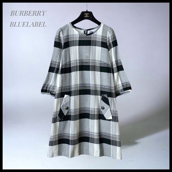 【BURBERRY BLUE LABEL】 ロゴボタン Aラインワンピース チェック柄 三陽商会