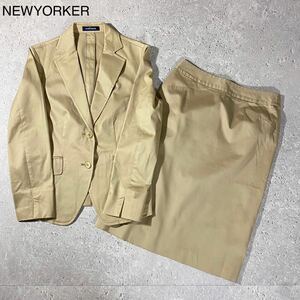NEWYORKER ニューヨーカー ストレッチ スカート スーツ ジャケット セットアップ 裏地なし 7号Sサイズ きれいめ 良品 ベージュ 綿リヨセル