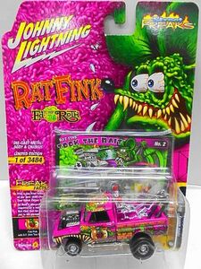 RatFink 1965 Chevy truck minicar Johnny Lightning lato fins k hot rod Ed Roth zinger freaks Ame toy wrecker 