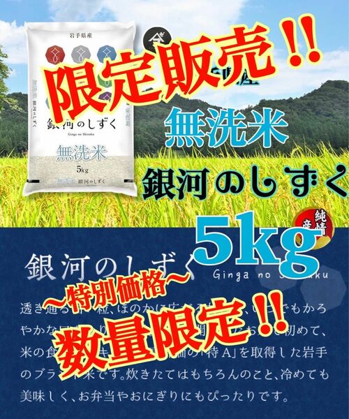 お米　限定価格！【岩手県産無洗米銀河のしずく5kg 】6年連続特A評価を獲得しました！無くなり次第終了！