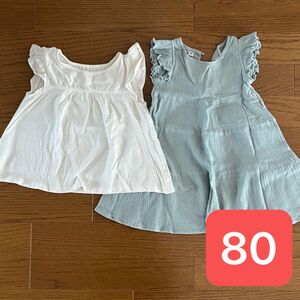 ユニクロ 西松屋 トップス ワンピース 2枚セット フリル袖 夏 ベビー服 80cm 女の子 ホワイト グリーン