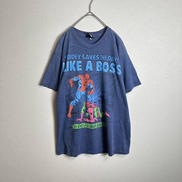 半袖Tシャツ Mサイズ〜Lサイズ マーベル スパイダーマン アメコミ ブルー 青 古着MARVEL
