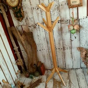  wood paul (pole) hanger H114cm oak natural wood natural coat hanger wooden tree taste . eyes Vintage Vintage antique old tool 