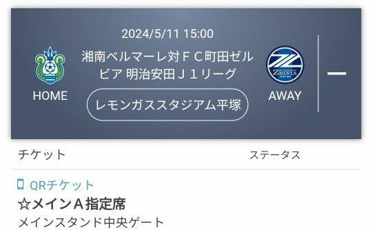 湘南ベルマーレ対町田ゼルビア　ペアチケット 明治安田J1リーグ