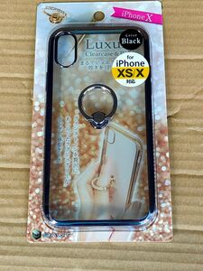 iPhoneX XS用スマホカバー スマホケース リング、ラインストーン付きクリアブラック 半透明 耐衝撃