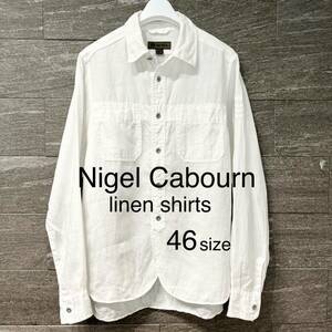 美品 Nigel Cabourn ／ ナイジェル・ケーボン　リネンシャツ　ミリタリー　長袖シャツ 白シャツ　ワークシャツ 