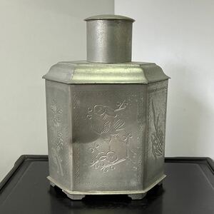 【難あり】中国？ 錫 茶入 六角形 高さ15.5cm 530g / 煎茶道具 茶壷 唐物 