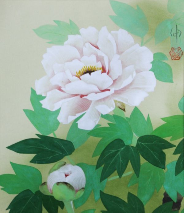 Hand-painted by Shin [Peony] (working title) Japanese painting. Colored paper. Framed * Beautiful and elegant flower * Fukika * Artist's biography unknown * [Peach], Painting, Japanese painting, Flowers and Birds, Wildlife