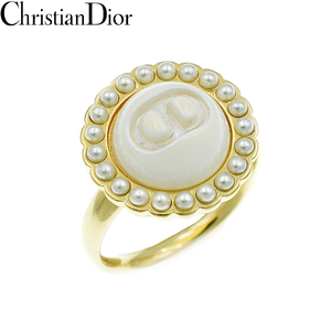 Christian Dior Christian Dior маленький CDba блокировка metal resin жемчуг кольцо кольцо Gold × белый [A02477]