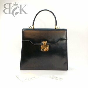 1円 グッチ ヴィンテージ レザー ハンドバッグ ブラック×ゴールド金具 オールドグッチ プッシュロック 鞄 GUCCI 中古 ★